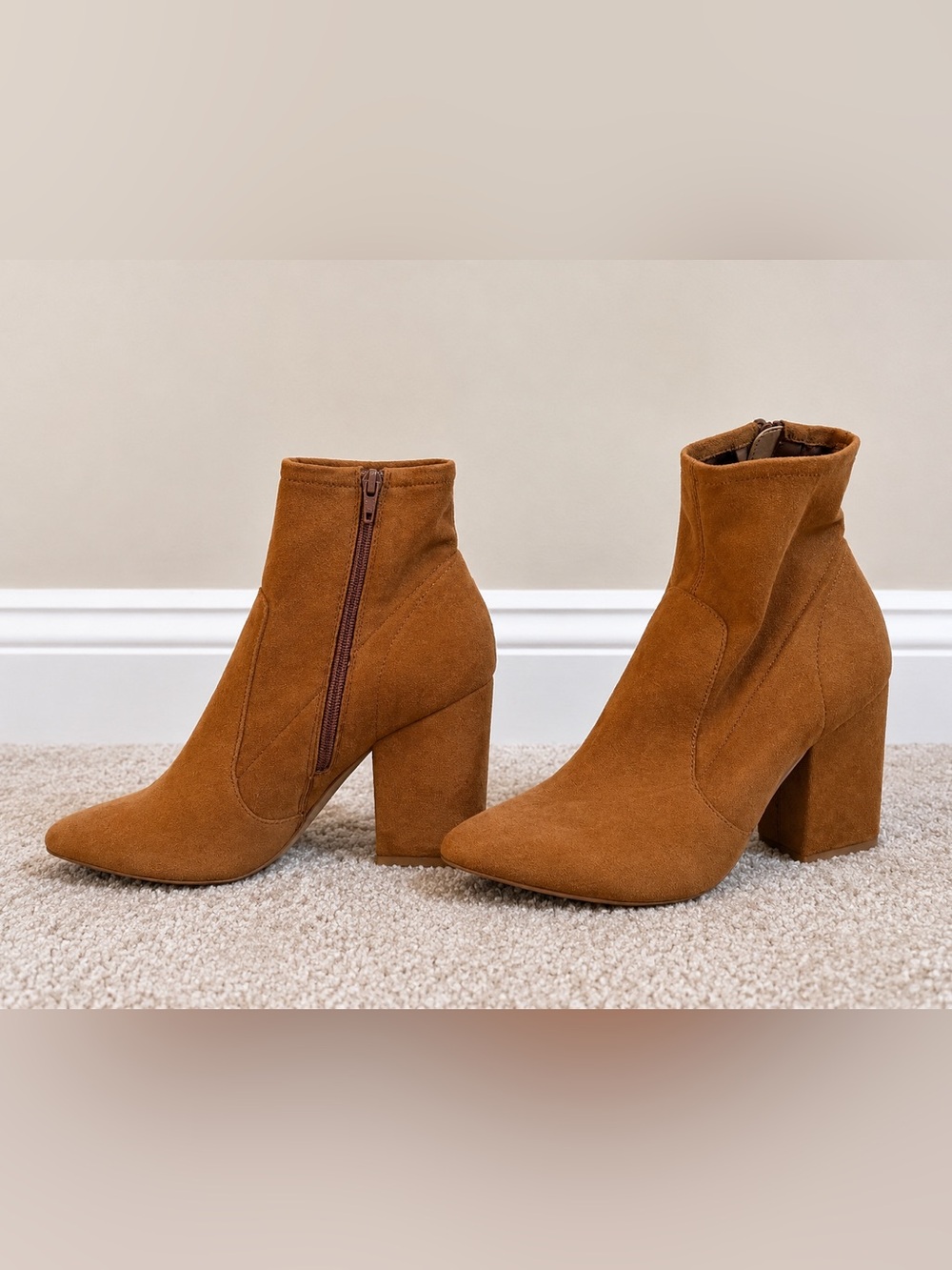 Express Women's Suede Ankle Booties in Cognac